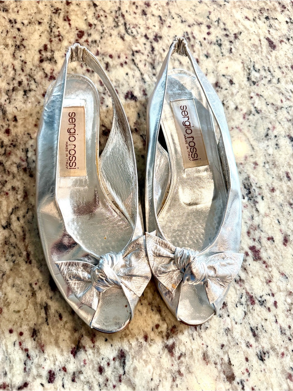 Sergio Rossi Vintage Metallic Silver Knot Peep-Toe Slingback Flats